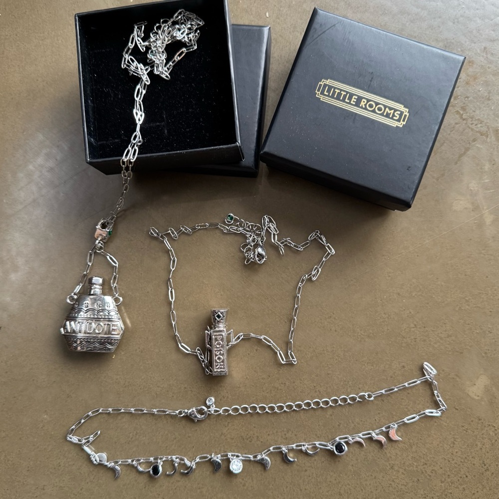 Little Rooms witchy gothic necklace trio, poison bottle and moon phases